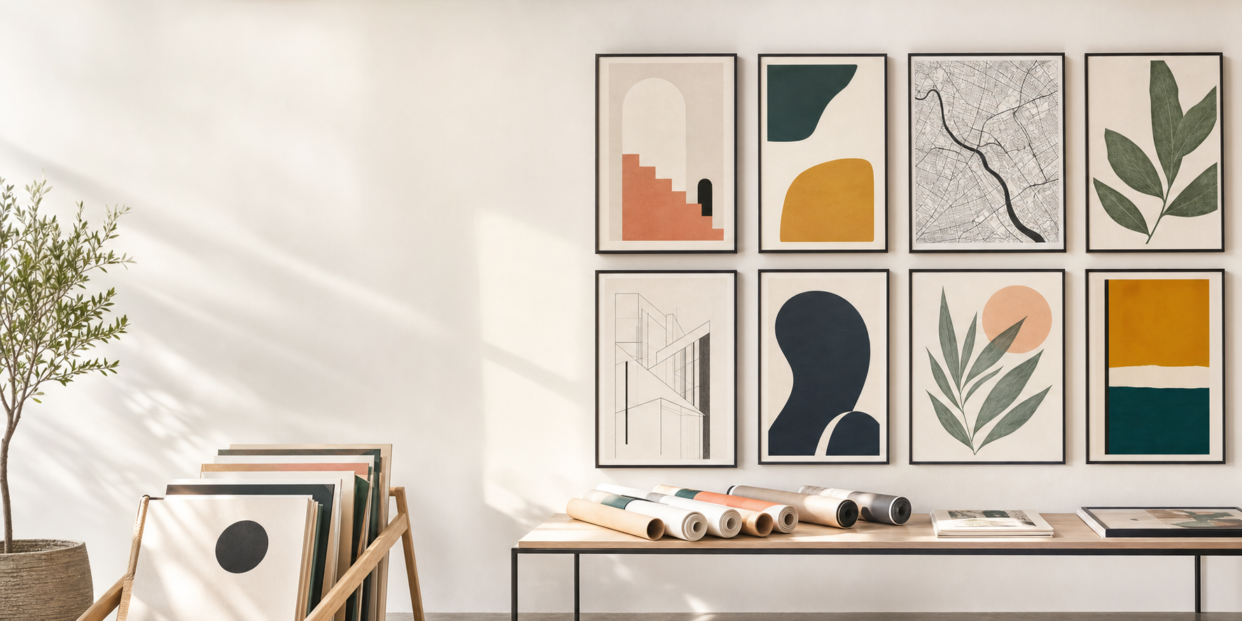 Curated framed posters and rolled prints displayed in a bright studio.