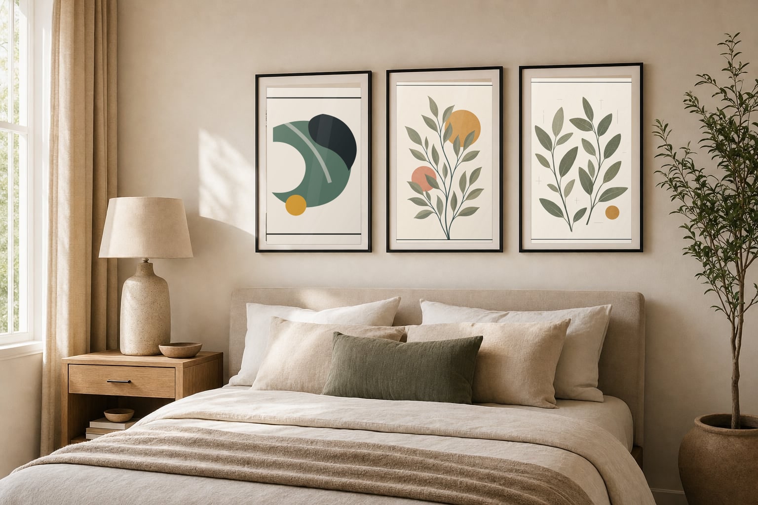 Botanical wall art above a linen bed