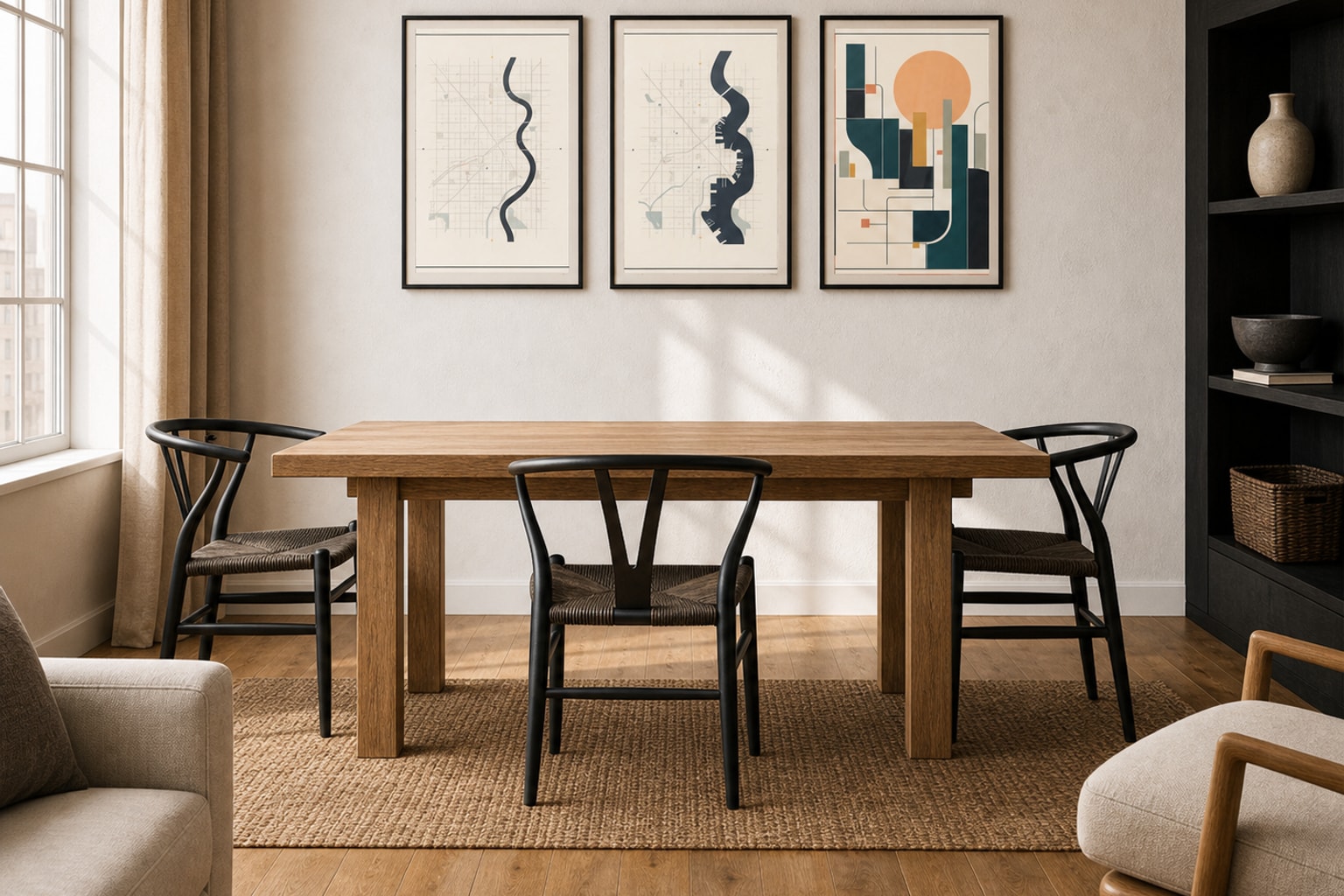 Three-print gallery wall above a dining table
