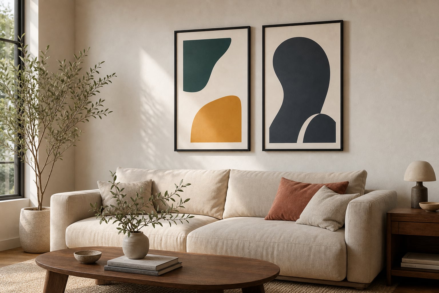 Two correctly scaled framed prints above a neutral sofa